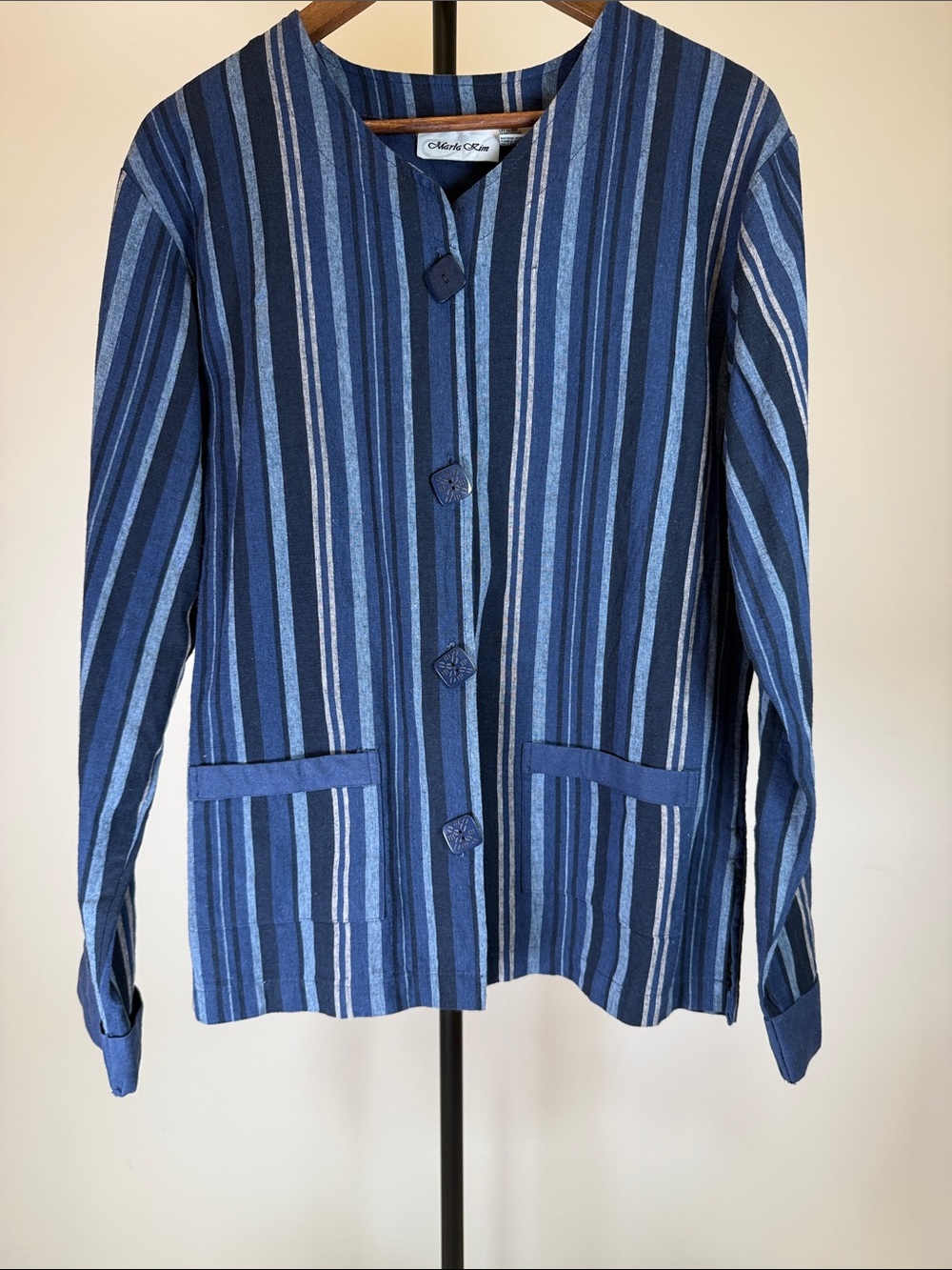Vintage Marla Kim Classic Striped Blue Women's Linen Cotton Blend Jacket | Sz L